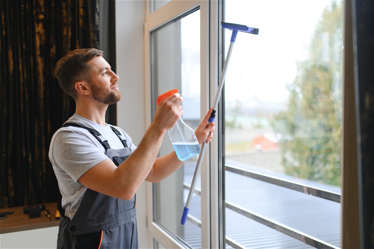 Hombre limpiando ventanas